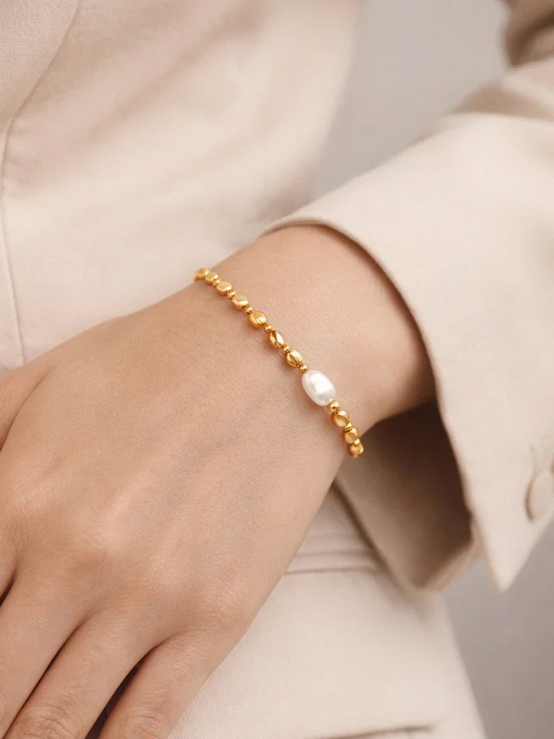 Demifine 18K Gold Plated Stainless steel Pearl Beaded Chain Bracelet