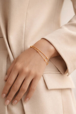 Demifine 18K Gold Plated Stainless steel Dual Chain Beaded Bracelet