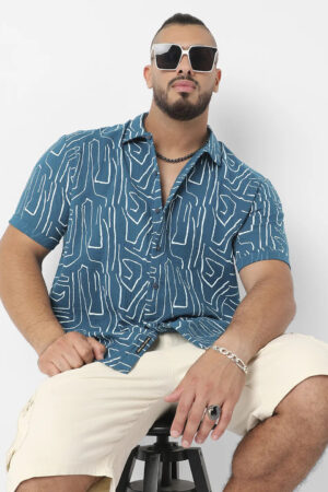 Teal Blue Abstract Lines Print Shirt