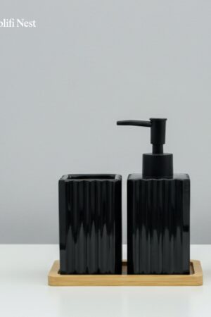 Ceramic Bathroom Set with Dispenser & Bamboo Tray