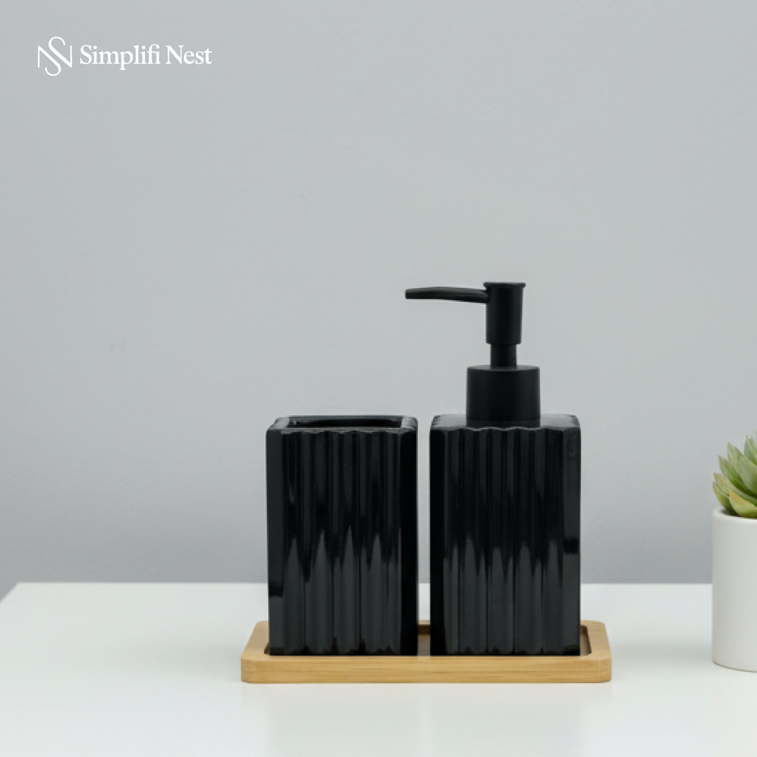 Ceramic Bathroom Set with Dispenser & Bamboo Tray