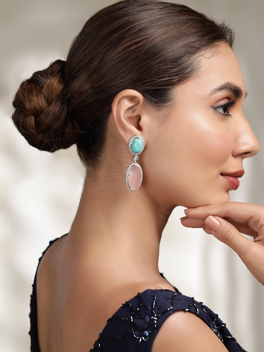 American Diamond Zirconia Pink & Blue Drop Earrings