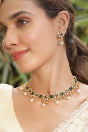 Floral Theme Kundan Green Necklace Set