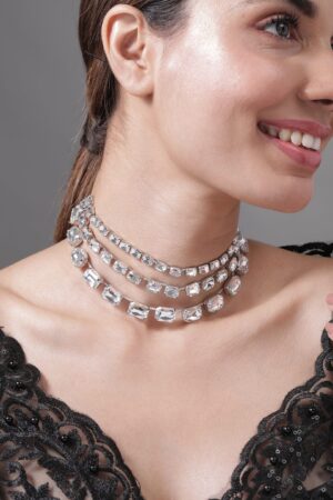 Three layer white studded choker