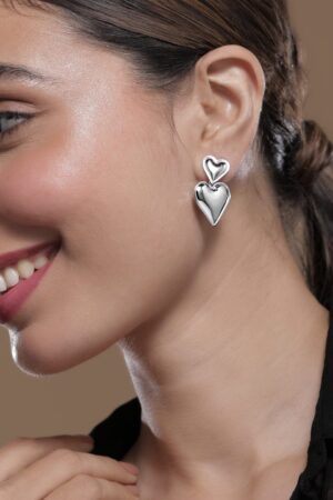 Silver Twin Hearts Bloom Drop Earrings