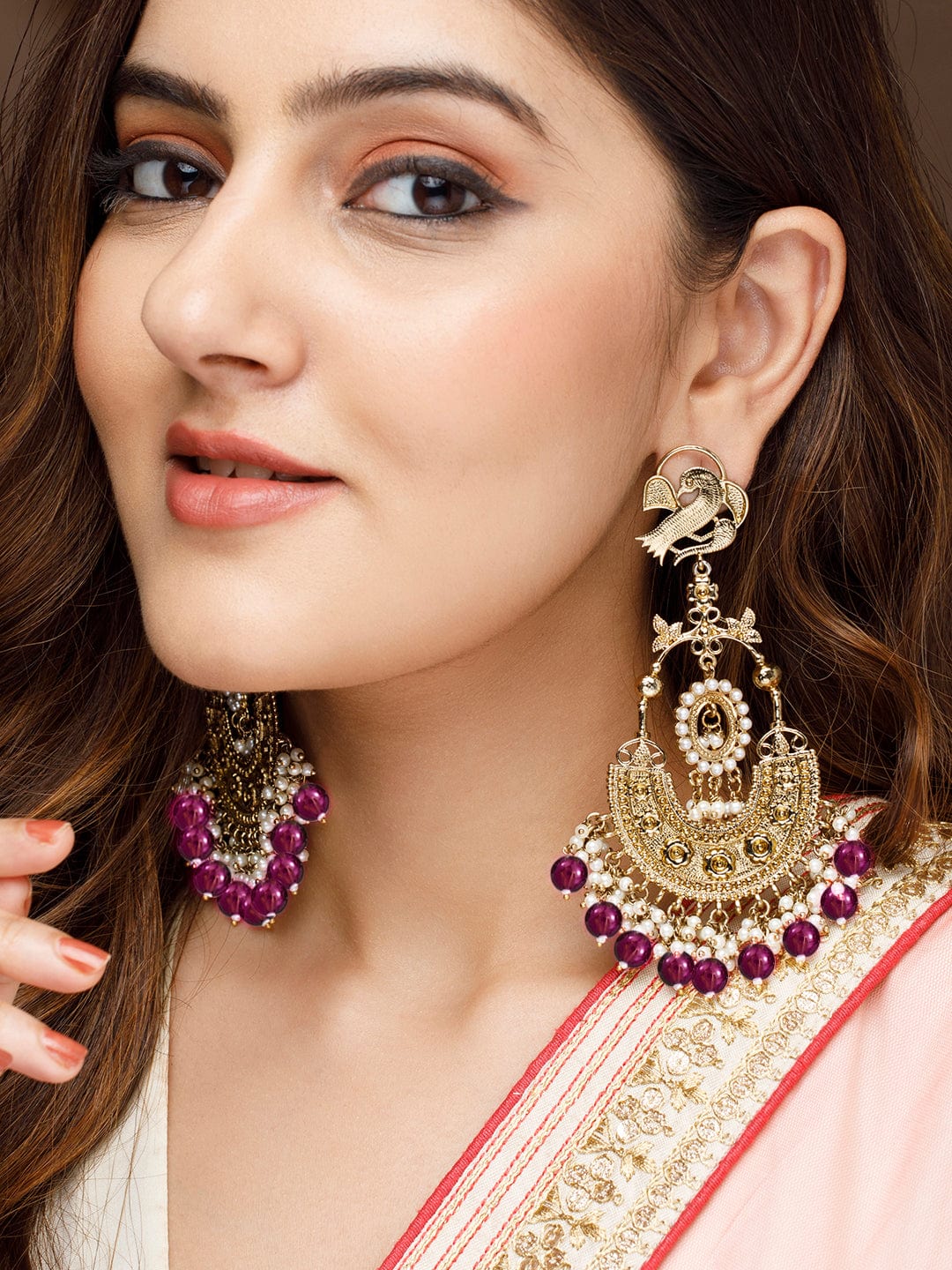 Black Pearll 18K Gold-Plated Large Chandbali Earrings with White Pearl Beaded Accents