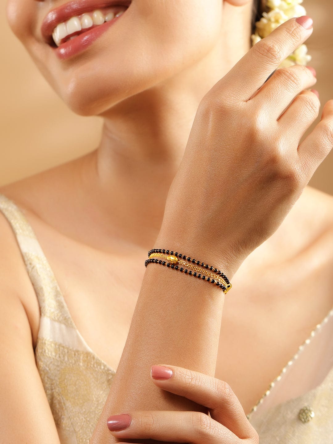 Black Pearll 18K Gold-Plated Black Beaded & Golden Chain Mangalsutra Bracelet for Women