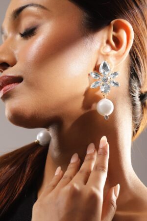 Flower Crystal Pearl Drop Earrings