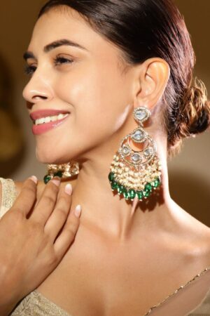 Ethnic Glow Green White Kundan Chandbali
