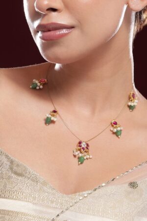Floral Pink & Green Kundan Chain Necklace