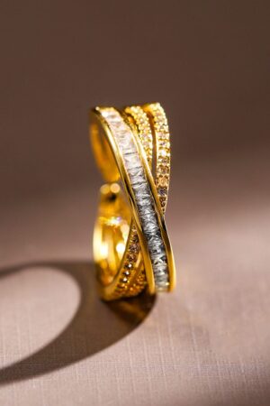 Gold Criss-Cross American Diamond Zirconia Ring