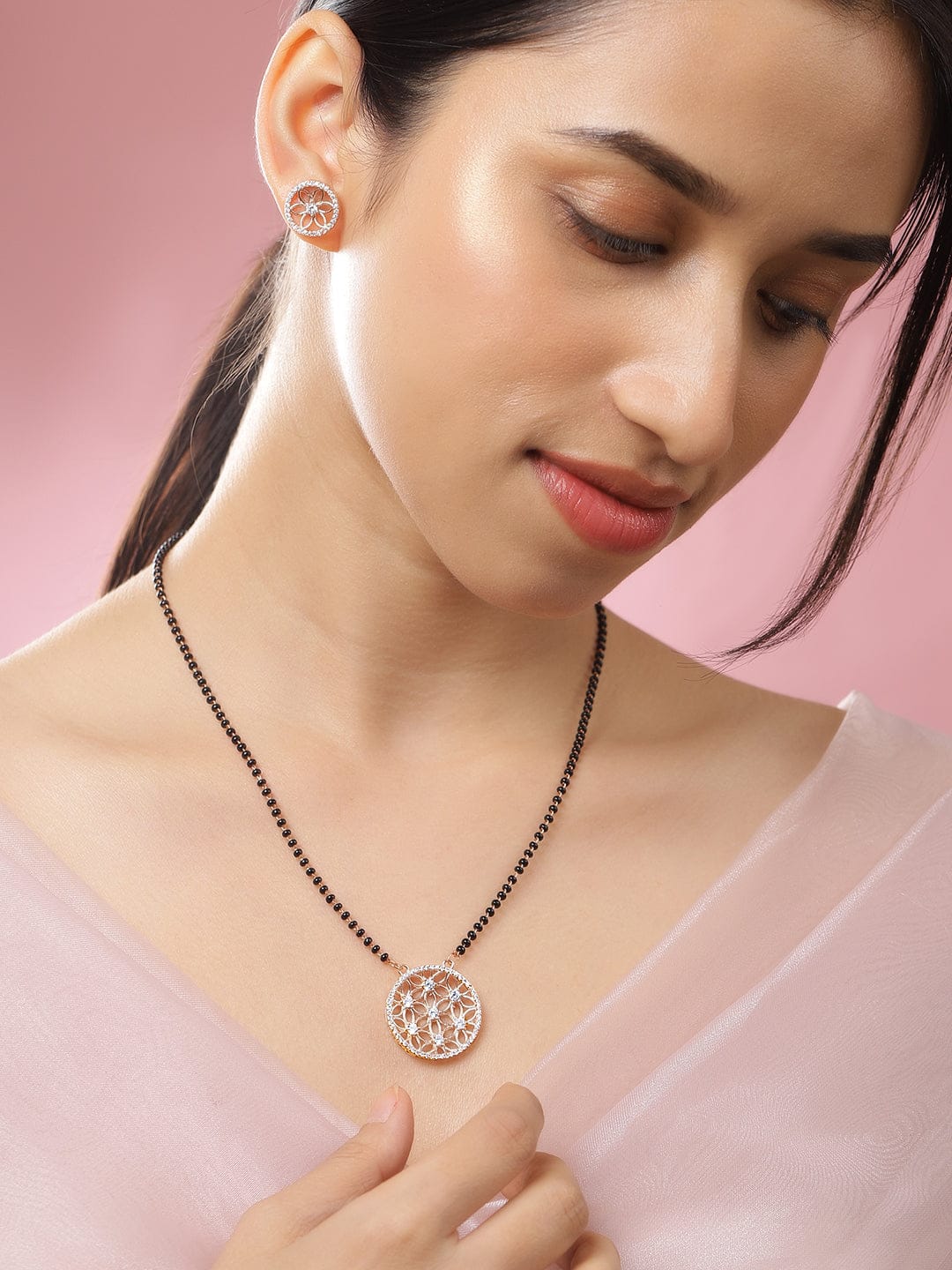 American Diamond Zirconia Gold Floral Pendant Mangalsutra Set