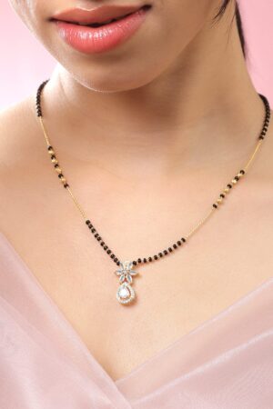Black Pearll 18K Gold-Plated White Cubic Zirconia Studded Floral & Teardrop Pendant Mangalsutra with Black & Gold Beaded Chain