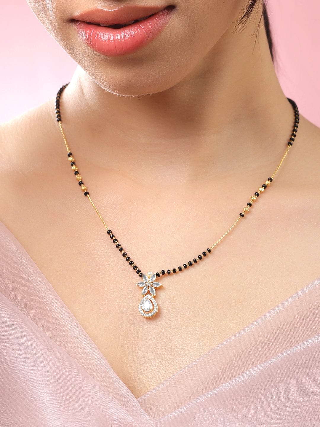 Black Pearll 18K Gold-Plated White Cubic Zirconia Studded Floral & Teardrop Pendant Mangalsutra with Black & Gold Beaded Chain