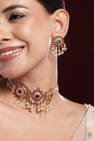 Red & Green Studded Kundan Floral Choker Set