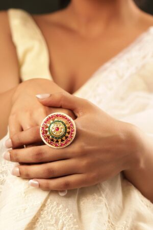 Black Pearll 22K Gold Plated Kundan Studded Red & Green Crystal with Pearl beaded Handcrafted Adjustable Ring
