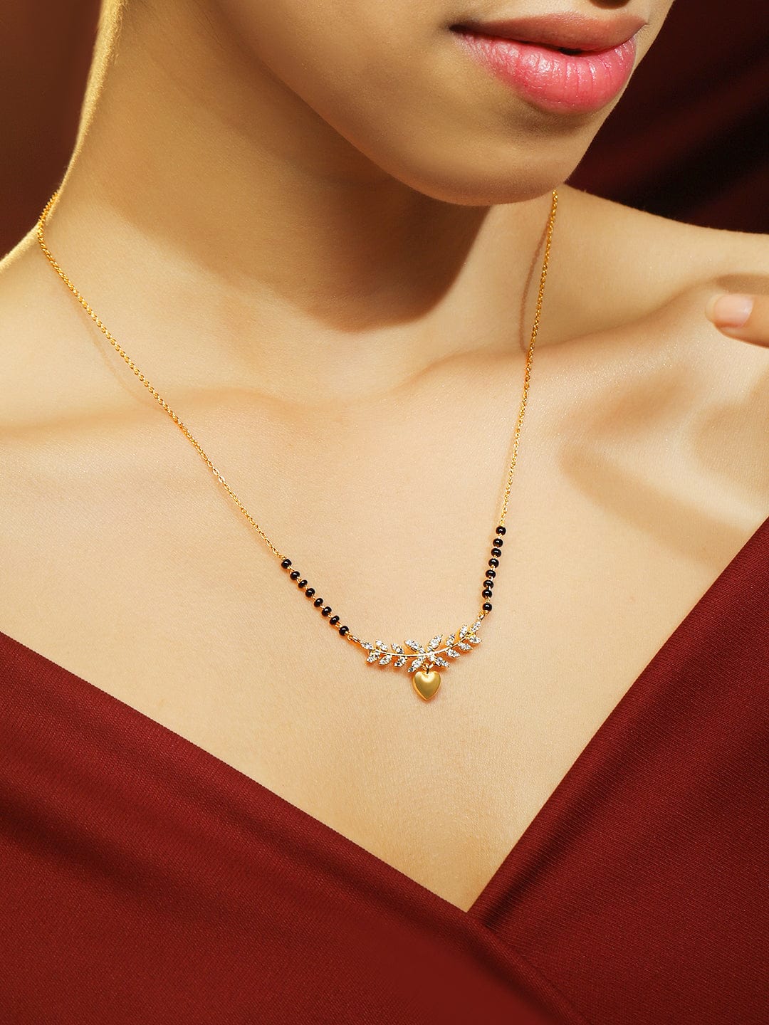Black Pearll 22K Gold-Plated Mangalsutra Necklace with Black Beads, Heart-Shaped Pendant & Cubic Zirconia for Women