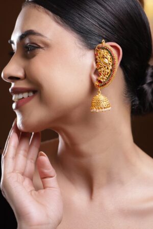 Royal Riwaaz Red & Green Earcuff with Jhumka