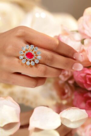 American Diamond Zirconia Pink Floral Ring