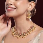Red & Green Floral Design Studded Necklace Set