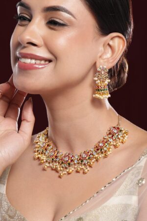 Red & Green Floral Design Studded Necklace Set