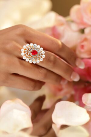 Red American Diamond Zirconia Studded Pearl Ring