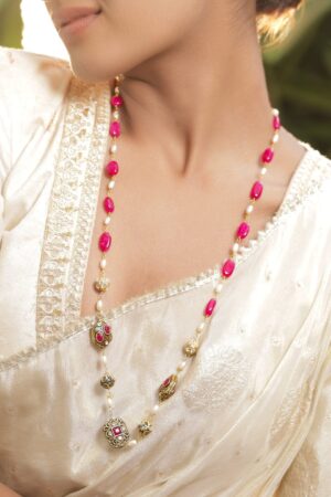 Red & Pearl Beaded Long Necklace Set