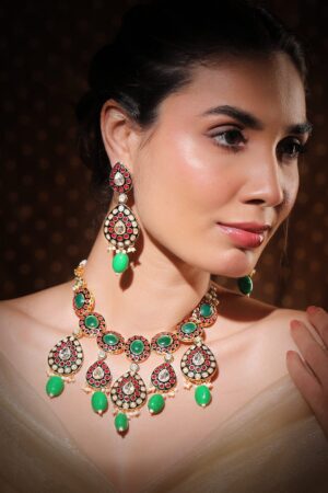 Elite Garden Pink-Green Kundan Necklace Set