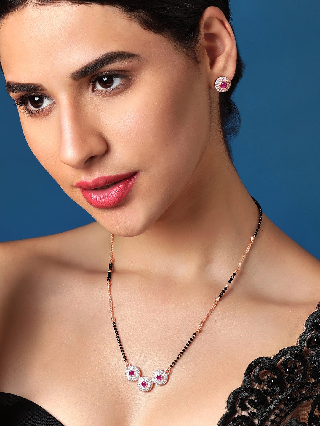 Pink American Diamond Zirconia Mangalsutra With Studs