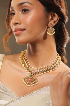 Multicolor American Diamond Zirconia Studded Pearl Necklace Set