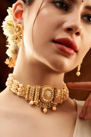 Pearl Beaded Floral Golden Choker Set