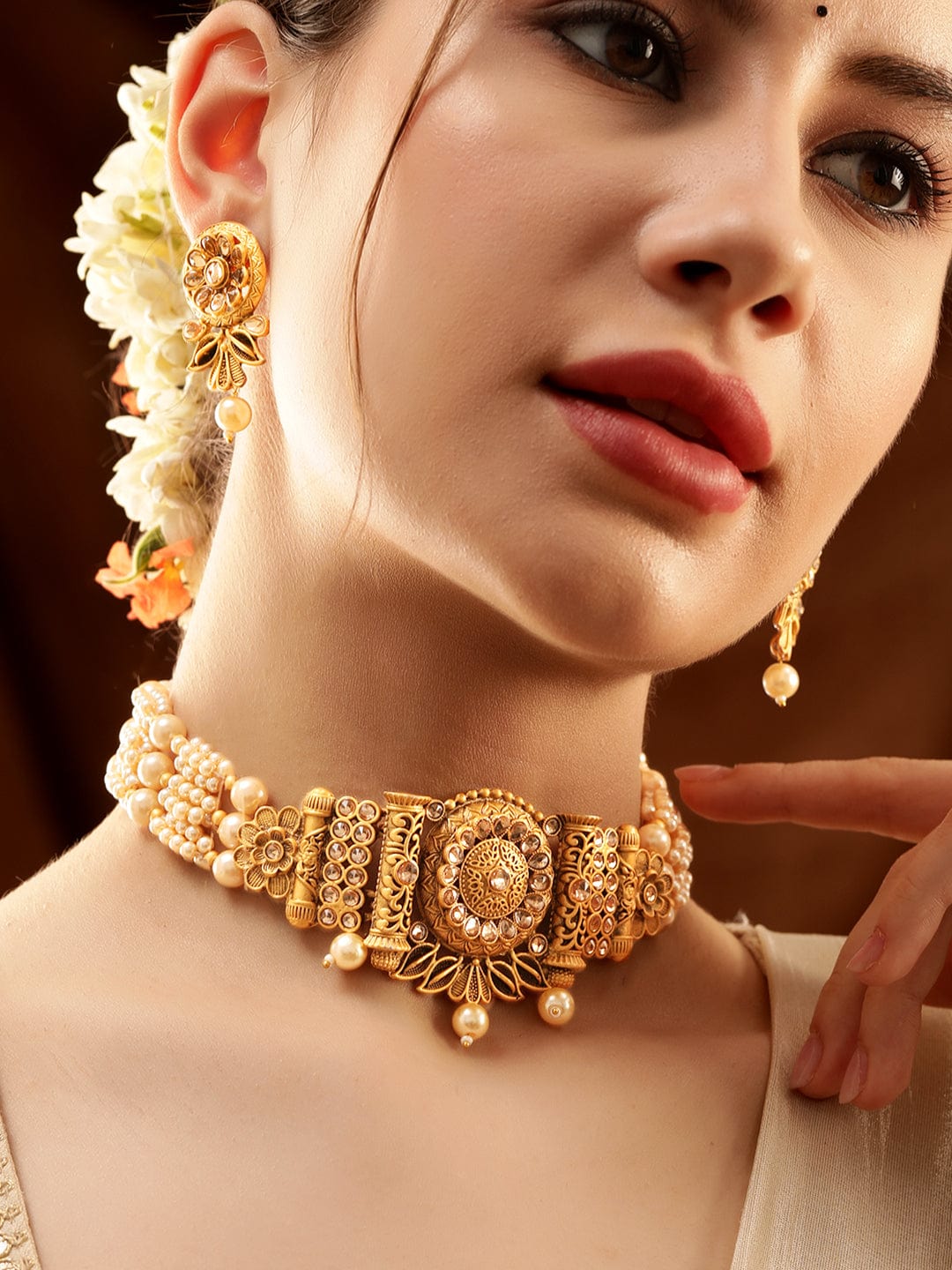 Pearl Beaded Floral Golden Choker Set