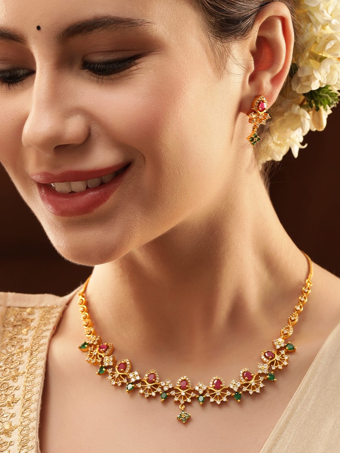 Red & Green American Diamond Zirconia Necklace Set