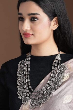 Black Pearll Oxidised Silver Toned Embellished With Multilayer Statement Necklace