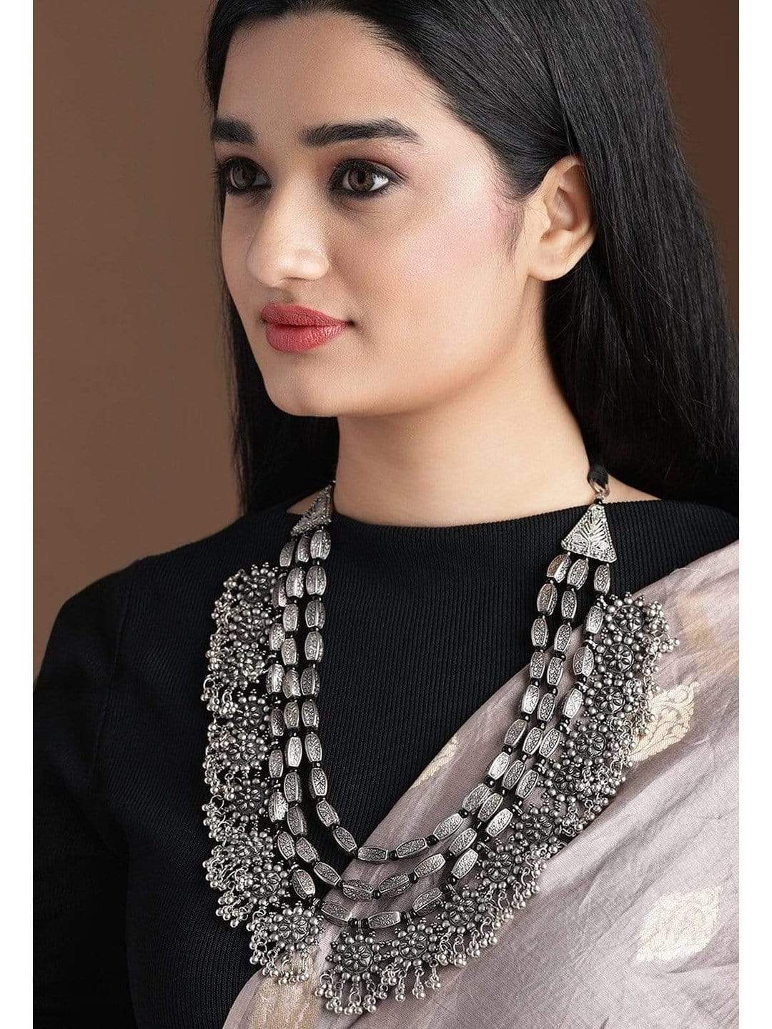 Black Pearll Oxidised Silver Toned Embellished With Multilayer Statement Necklace