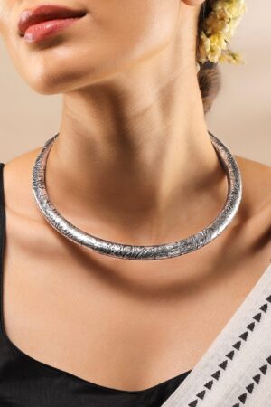 Black Pearll Oxidized Silver Plated Floral and Geometric Design Statement Choker Necklace