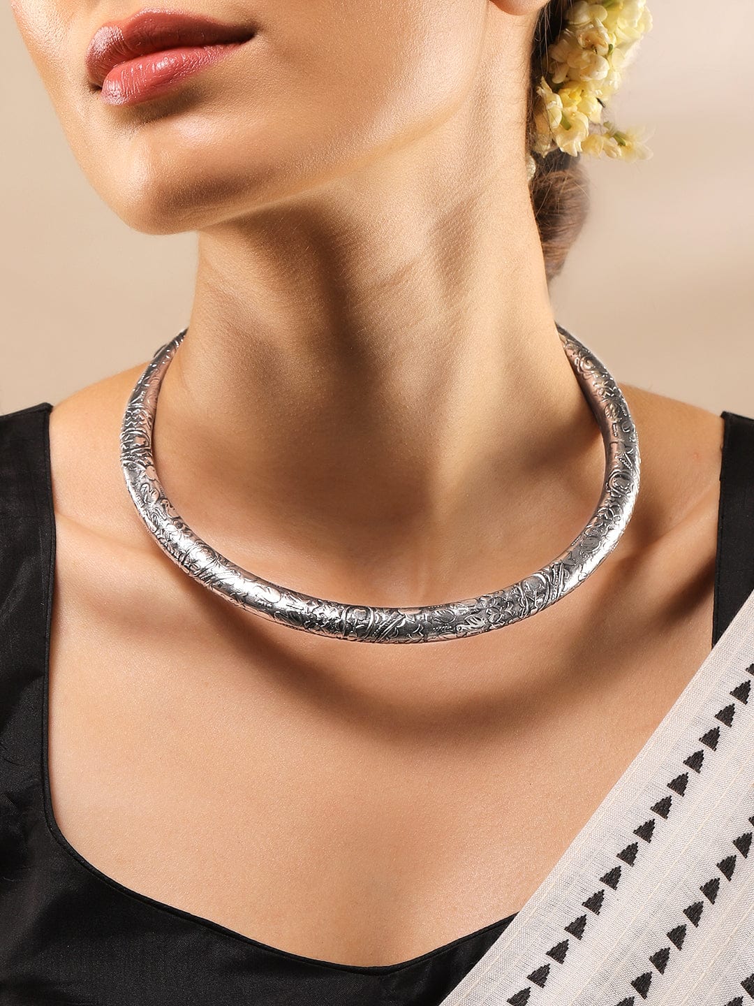 Black Pearll Oxidized Silver Plated Floral and Geometric Design Statement Choker Necklace