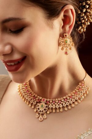 Timeless Red Green American Diamond Studded Short Necklace Set