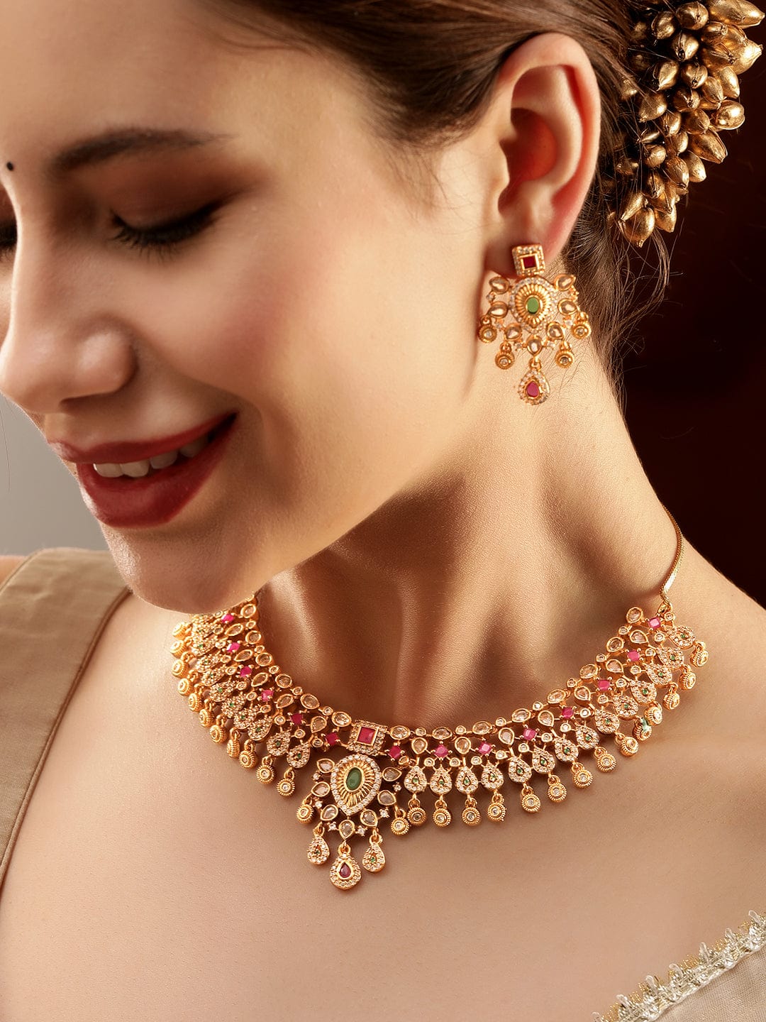 Timeless Red Green American Diamond Studded Short Necklace Set