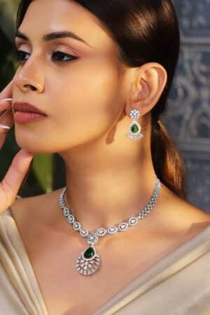 American Diamond Zirconia Emerald Floral Necklace Set