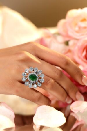 American Diamond Zirconia Green Floral Ring