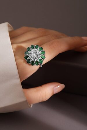 Emerald & White Studded Floral Ring