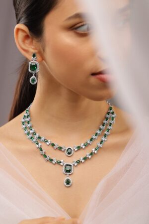 American Diamond Zirconia Green Layered Necklace Set