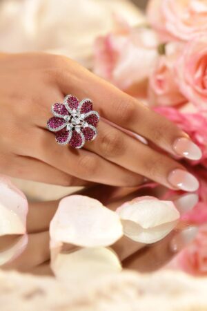 Red Floral American Diamond Zirconia Ring