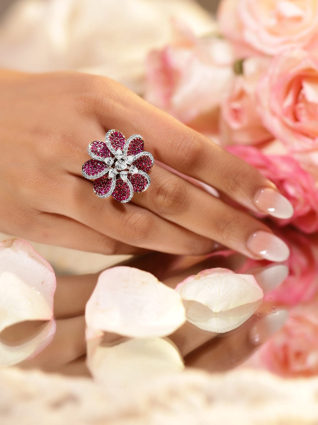 Red Floral American Diamond Zirconia Ring