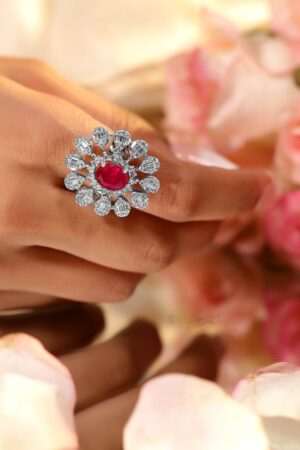 Red American Diamond Zirconia Floral Ring