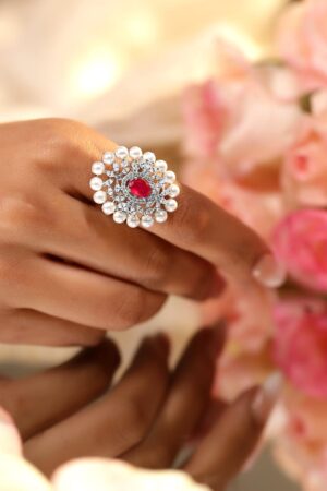 Ruby Pink American Diamond Zirconia Pearl Ring