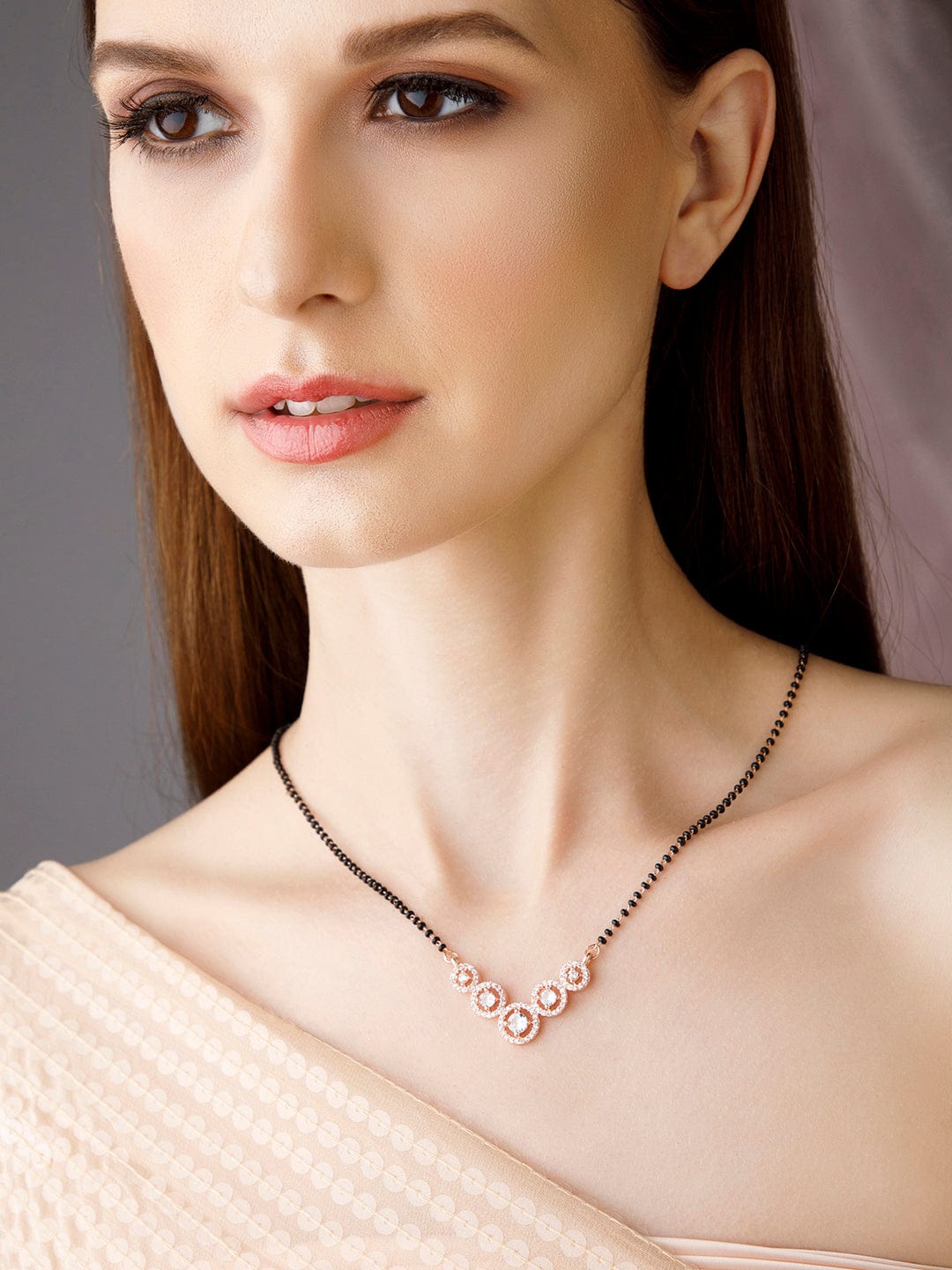Black Pearll Rose Gold Plated Mangalsutra With Studded AD's