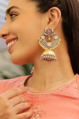 Pink Petal Charm Oxidised Jhumkas