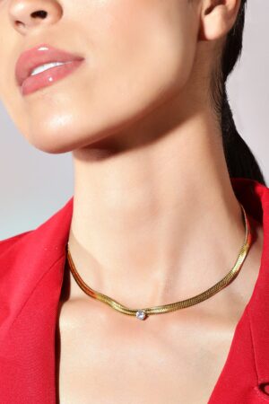 Black Pearll Voguish 18K Gold Plated Stainless Steel Waterproof Snake Chain With A Solitaire Zircon Studded Choker.